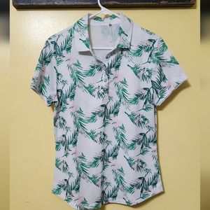 N VO green pink white floral print half snap up polo shirt